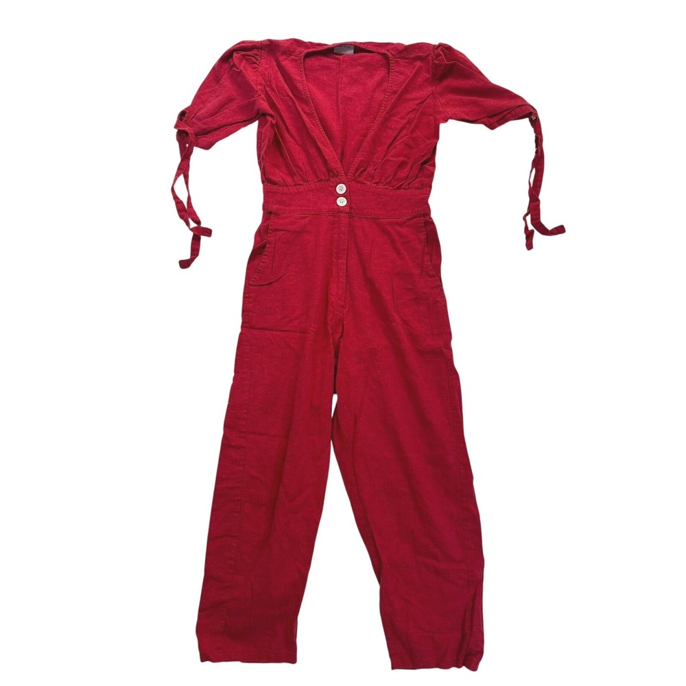 Rue Stiic Red Linen Jumpsuit Women's V Neck Casual Chic size Medium